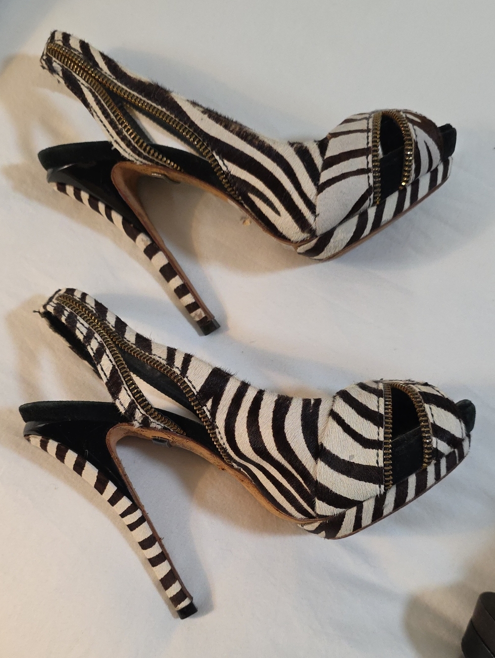 Zebra-Print Peep-Toe Slingback Heels - Black & White